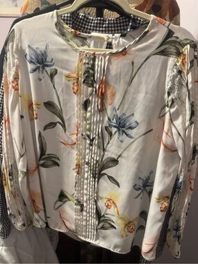 White House Black Market Floral Pintuck Front Blouse - White with Blue & Peach